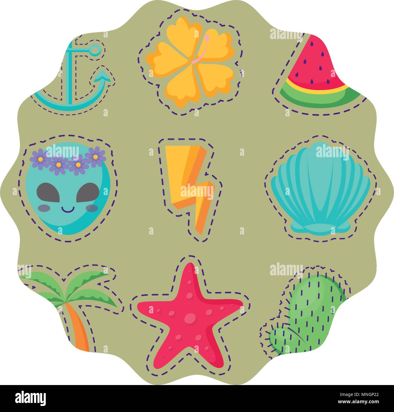 circular frame with alien and tropical palms pattern over background ...