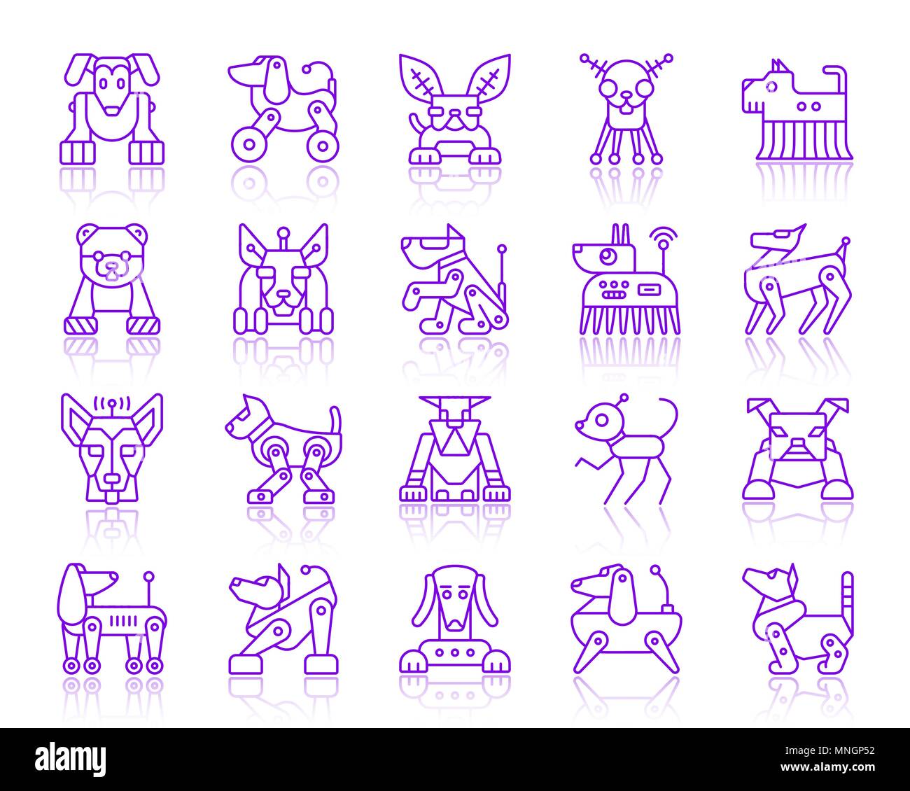 Robot Dog thin line icons set. Outline vector purple web sign kit of pet. Ultraviolet Character linear icon collection includes transformer, machine,  Stock Vector