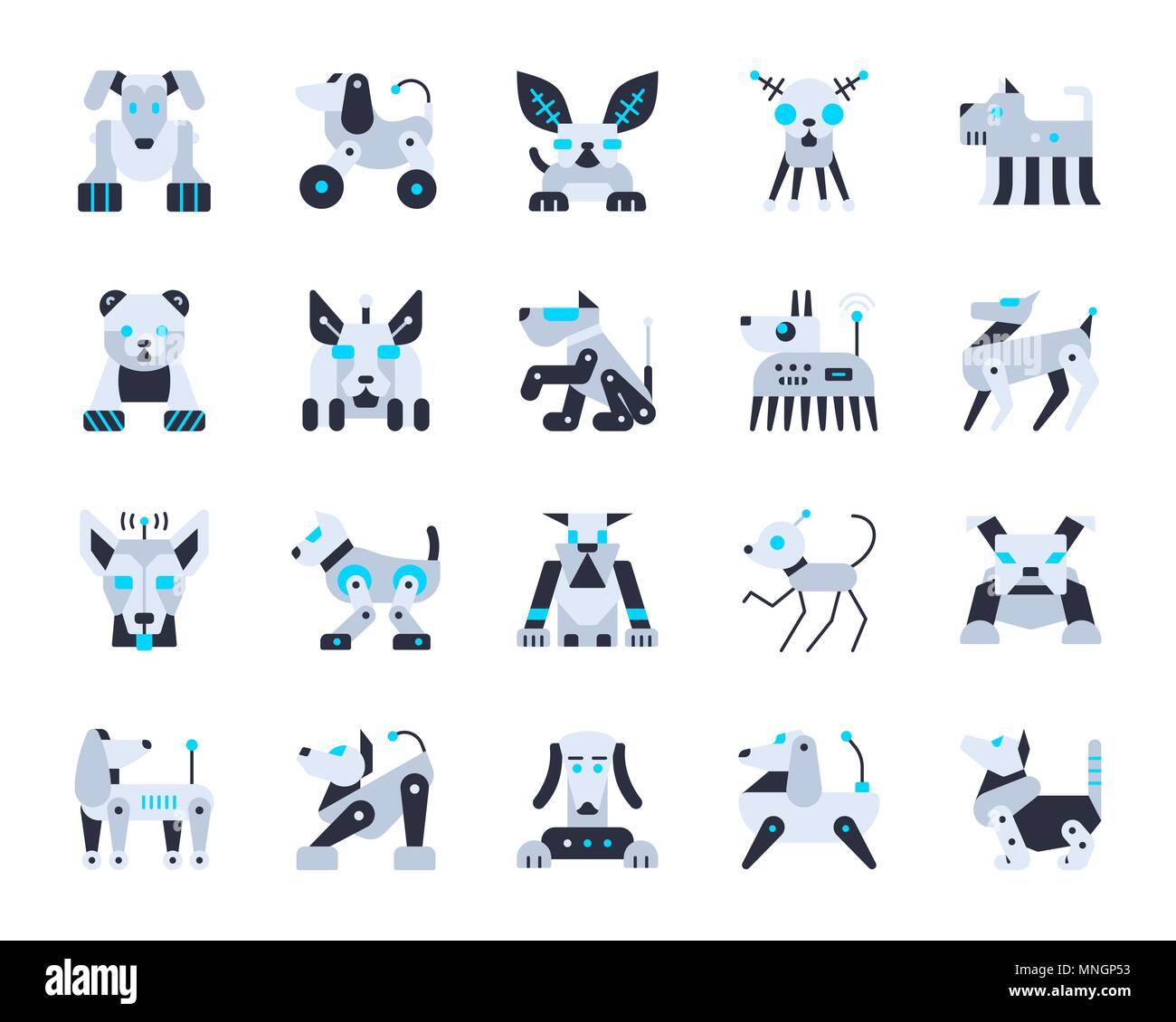 Robot Dog flat icons set. Web sign kit of pet. Cute Character pictogram collection includes transformer, machine, cyborg. Simple robot dog cartoon col Stock Vector