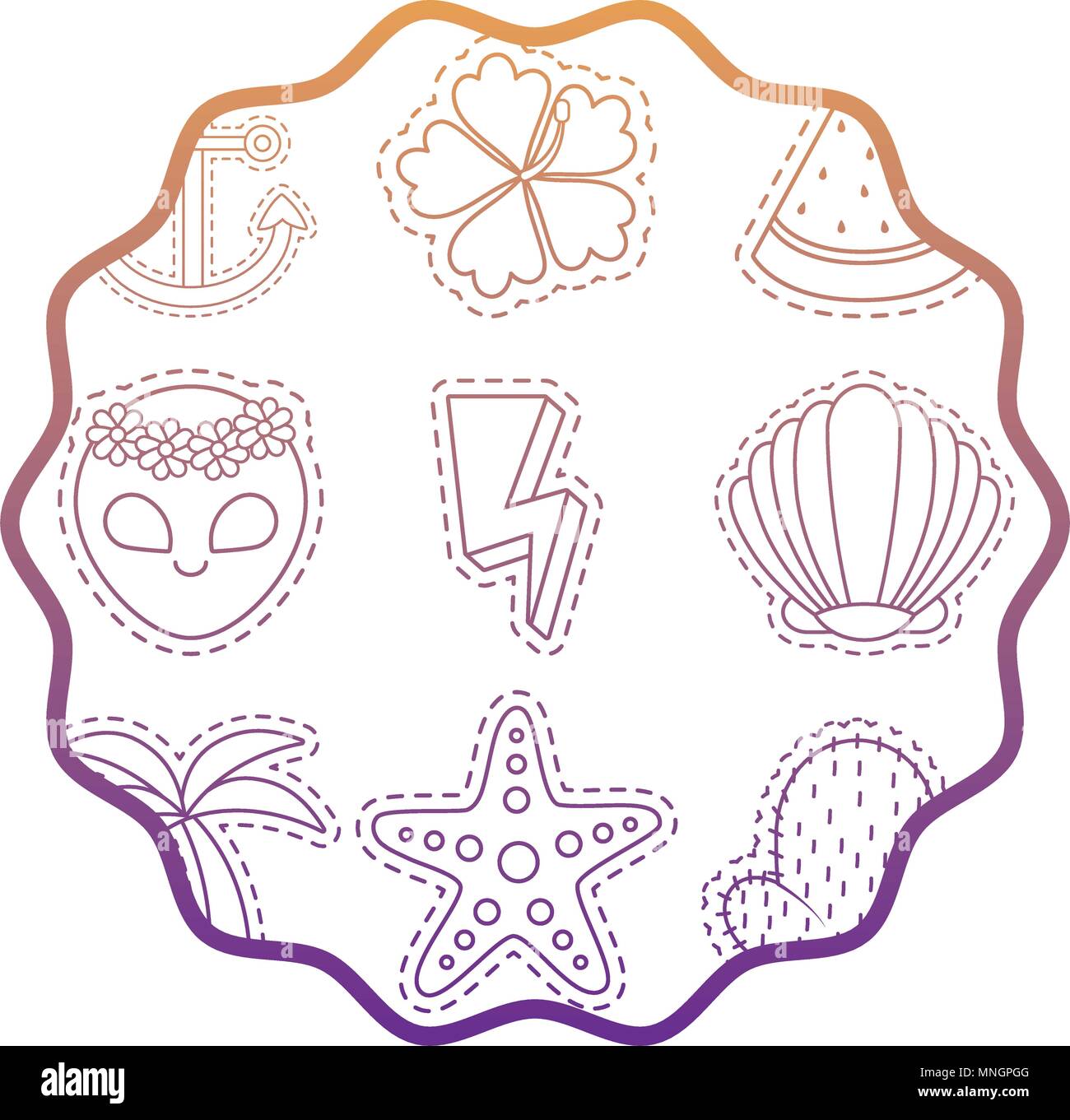 circular frame with alien and tropical palms pattern over background ...