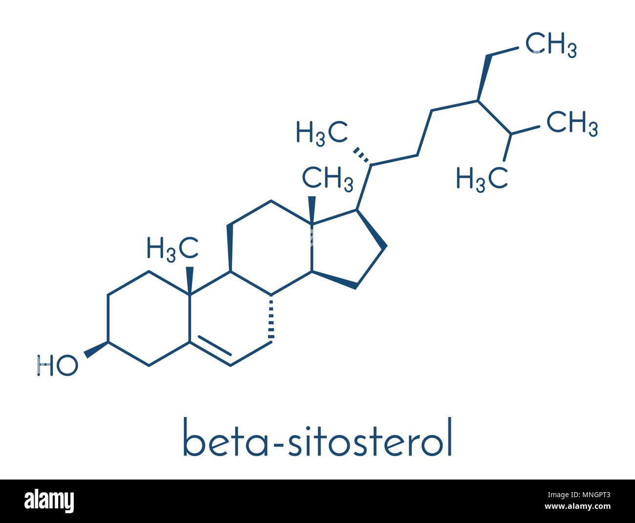 Beta-sitosterol phytosterol molecule. Investigated in treatment of benign prostate hyperplasia (BPH) and high cholesterol levels. Skeletal formula. Stock Vector