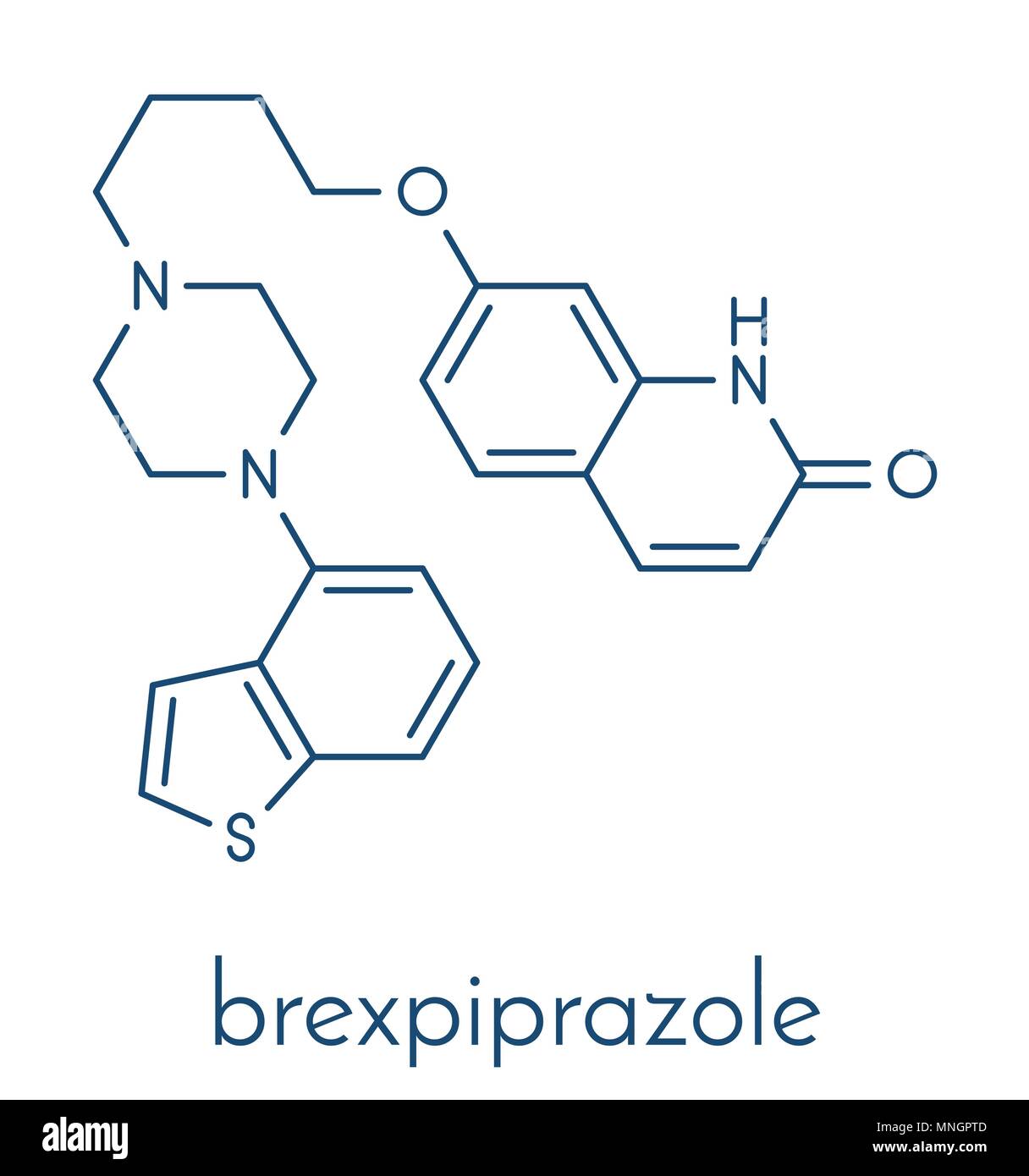 Brexpiprazole antipsychotic drug molecule. Skeletal formula. Stock Vector