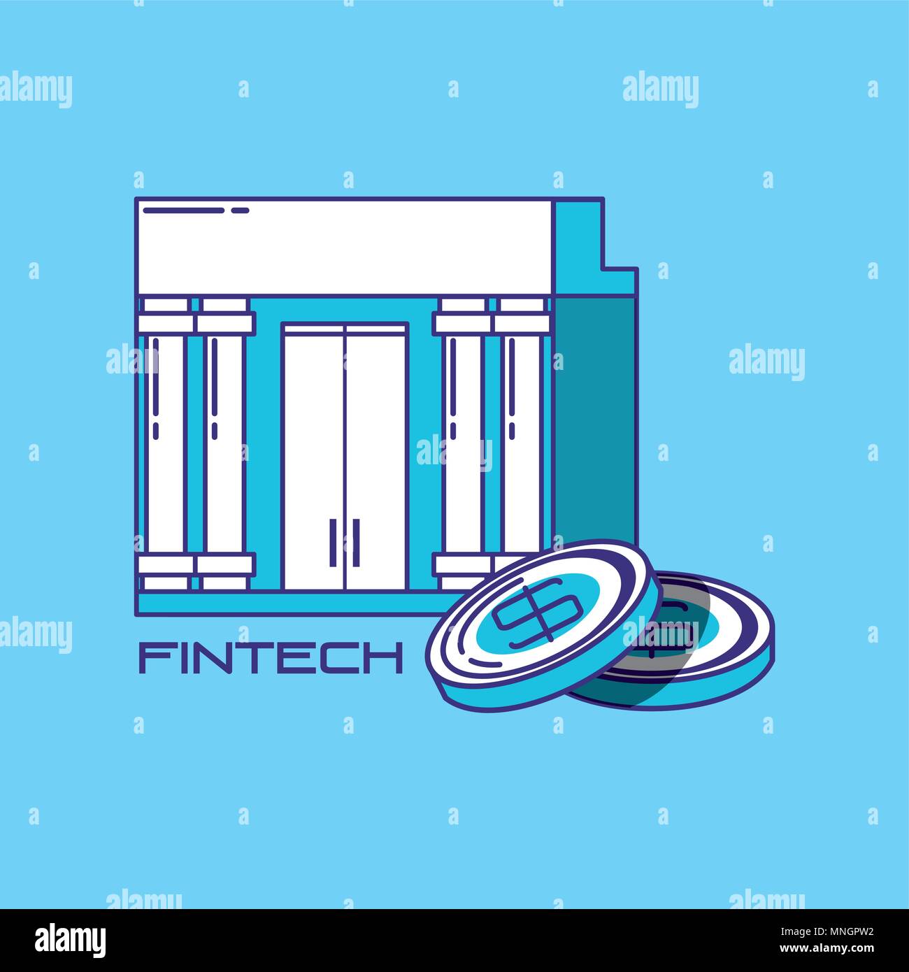 financial technology concept with bank building and coins over blue