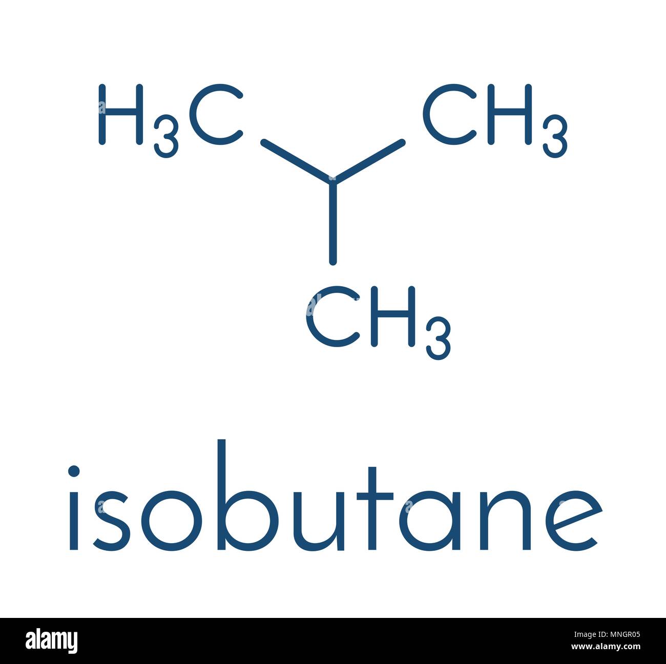 Isobutane (i-butane, methylpropane) alkane molecule. Used as refrigerant (in freezers and refrigerators) and as propellant (in aerosol sprays). Skelet Stock Vector