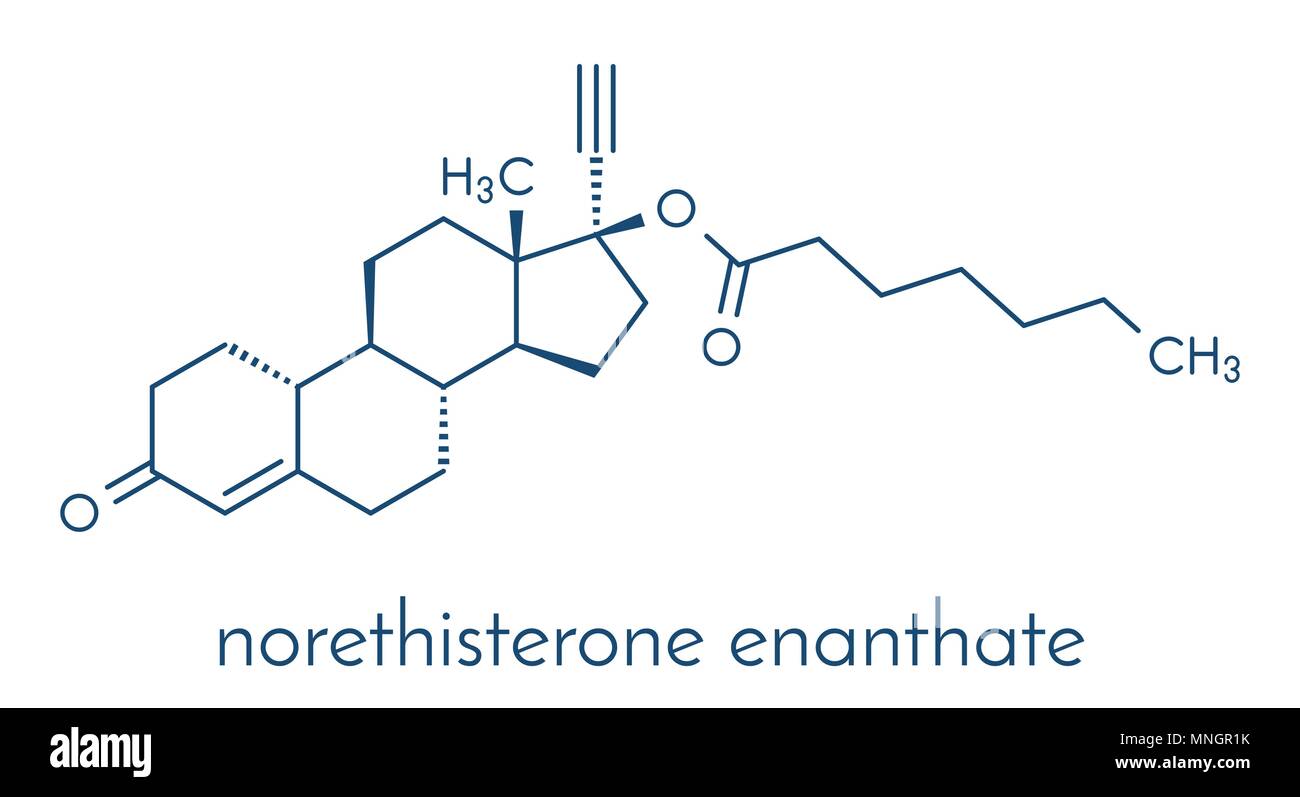 Norethisterone enanthate (norethindrone aenanthate) injectable contraceptive drug molecule. Skeletal formula. Stock Vector