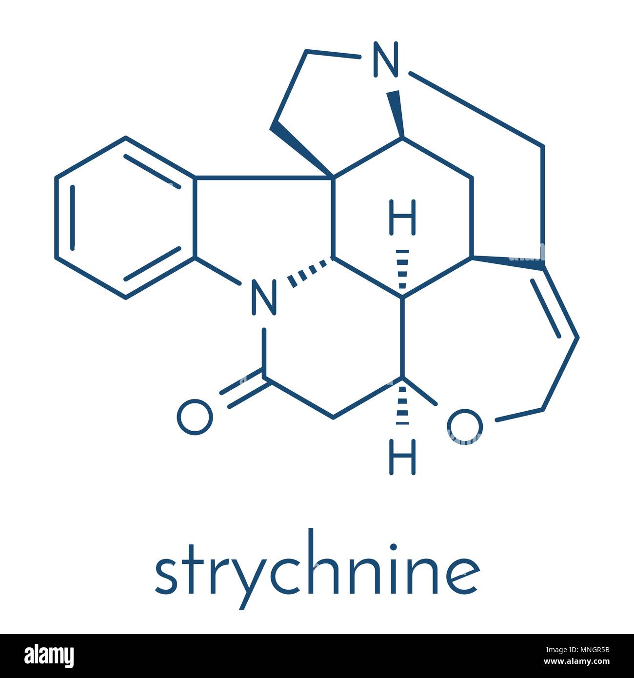 Strychnine poisonous alkaloid molecule. Isolated from Strychnos nux-vomica tree. Skeletal formula. Stock Vector