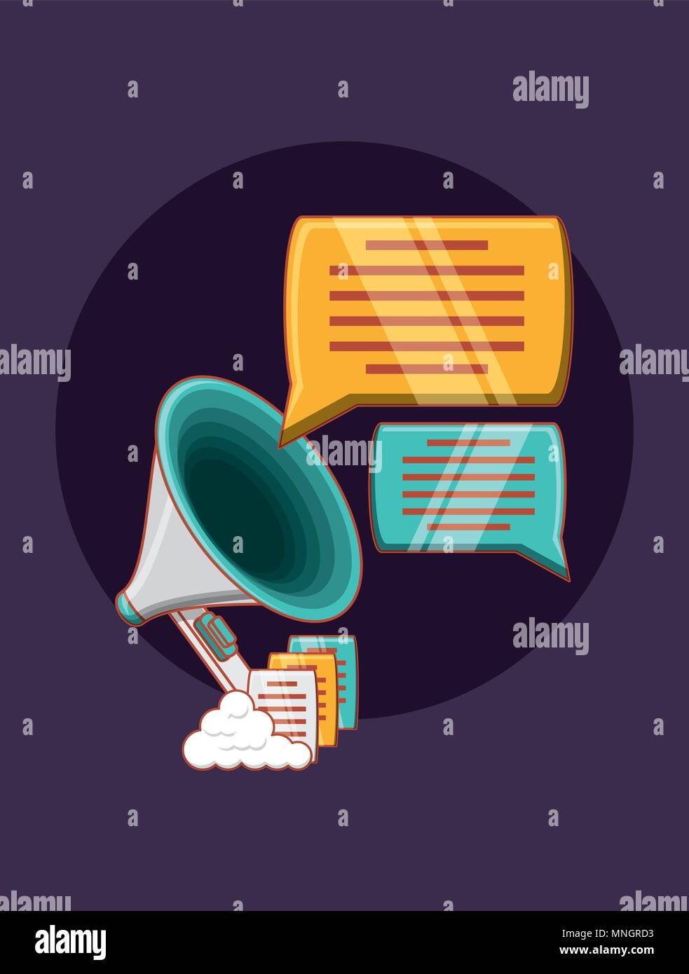megaphone with speech bubbles over purple background, colorful design ...