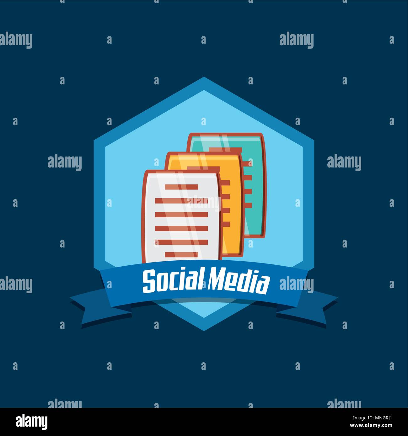 emblem of social media concept with documents icon over blue background ...