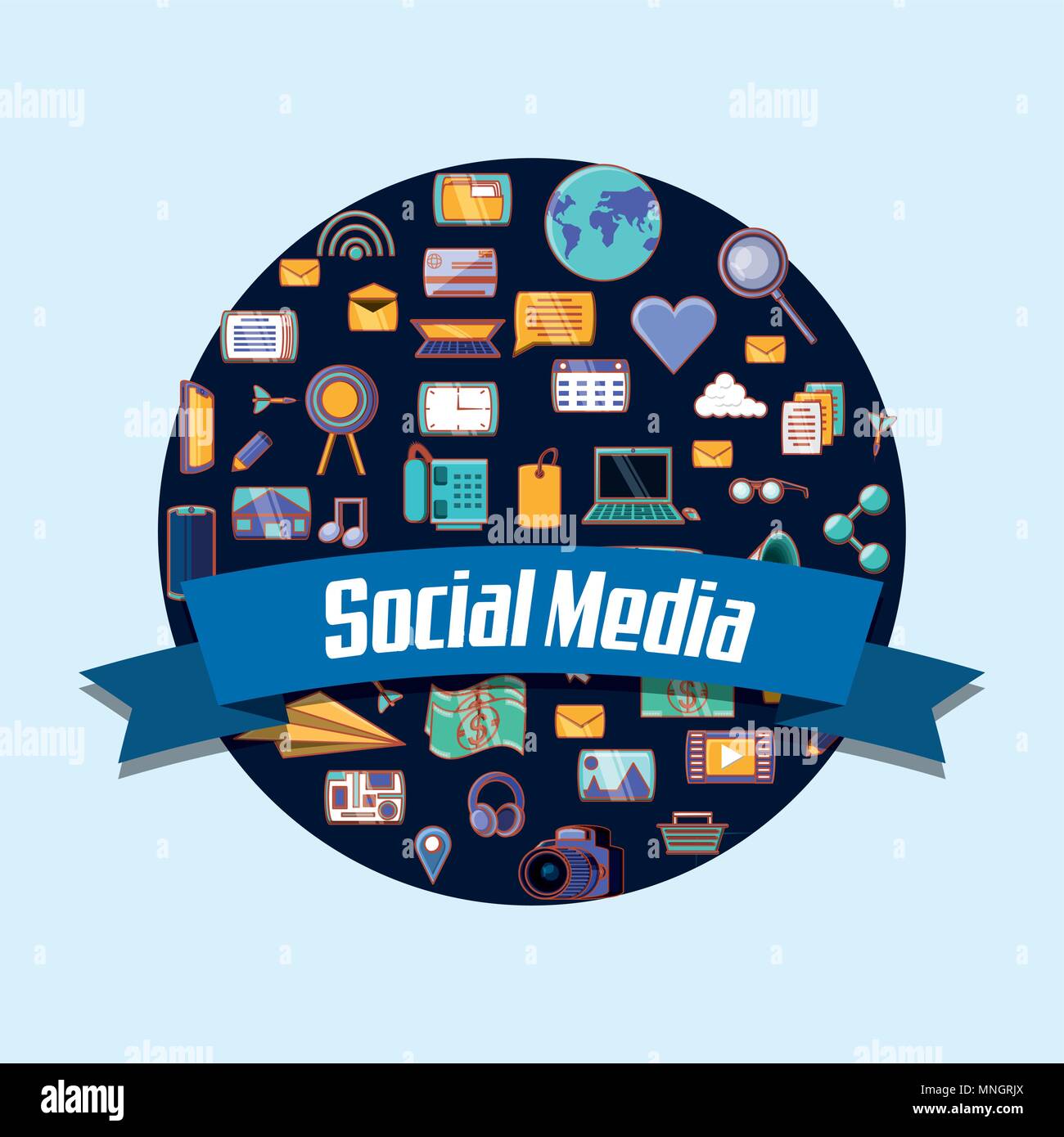 emblem of social media concept with related icons and decorative ribbon ...
