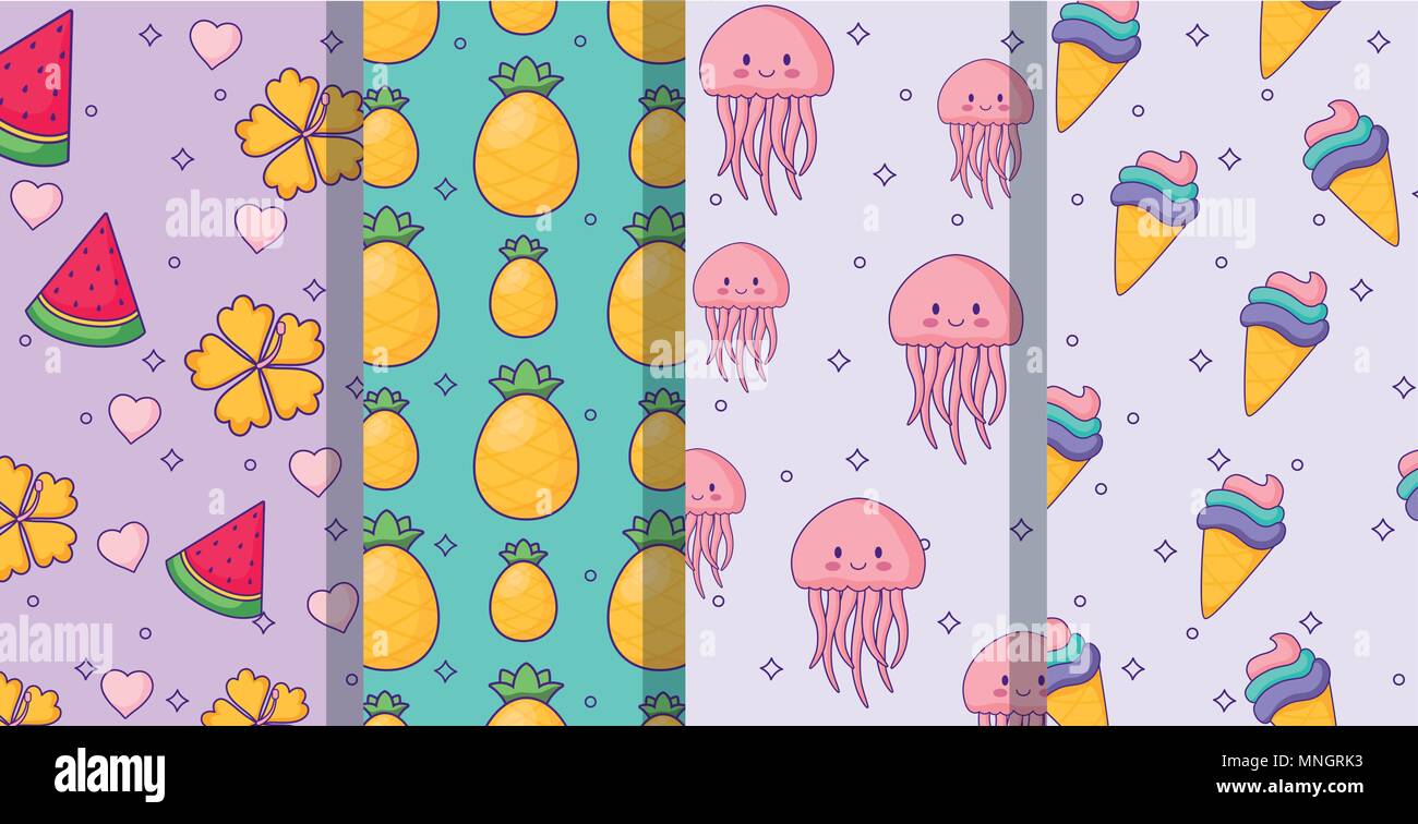 fruits and cute jellyfishs patterns, colorful design. vector illustration Stock Vector
