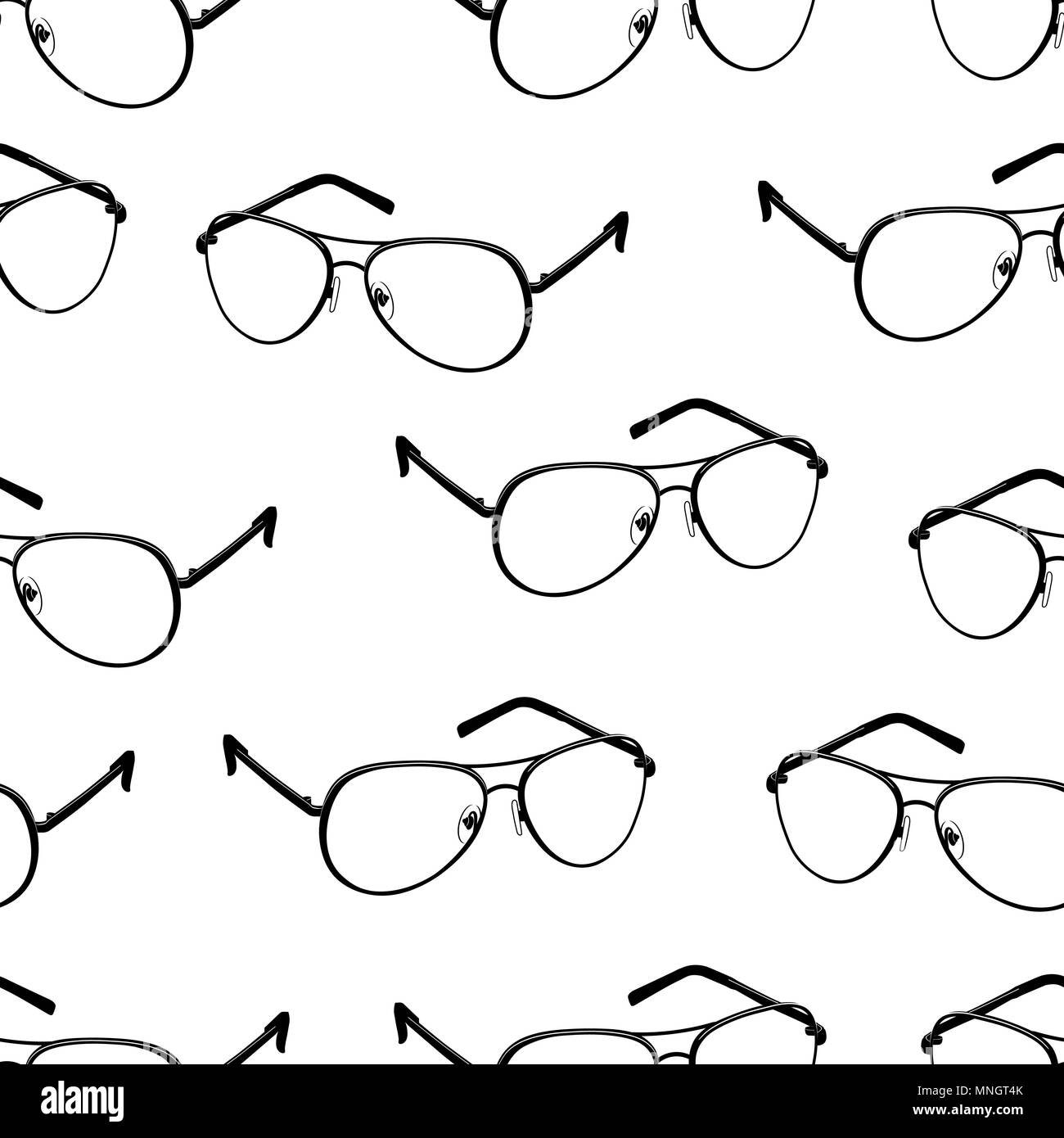 Glasses seamless pattern, monochrome vector background, black and white illustration. Outline contour drawing flat black spectacles on white background. For fabric design, wallpapers, print Stock Vector