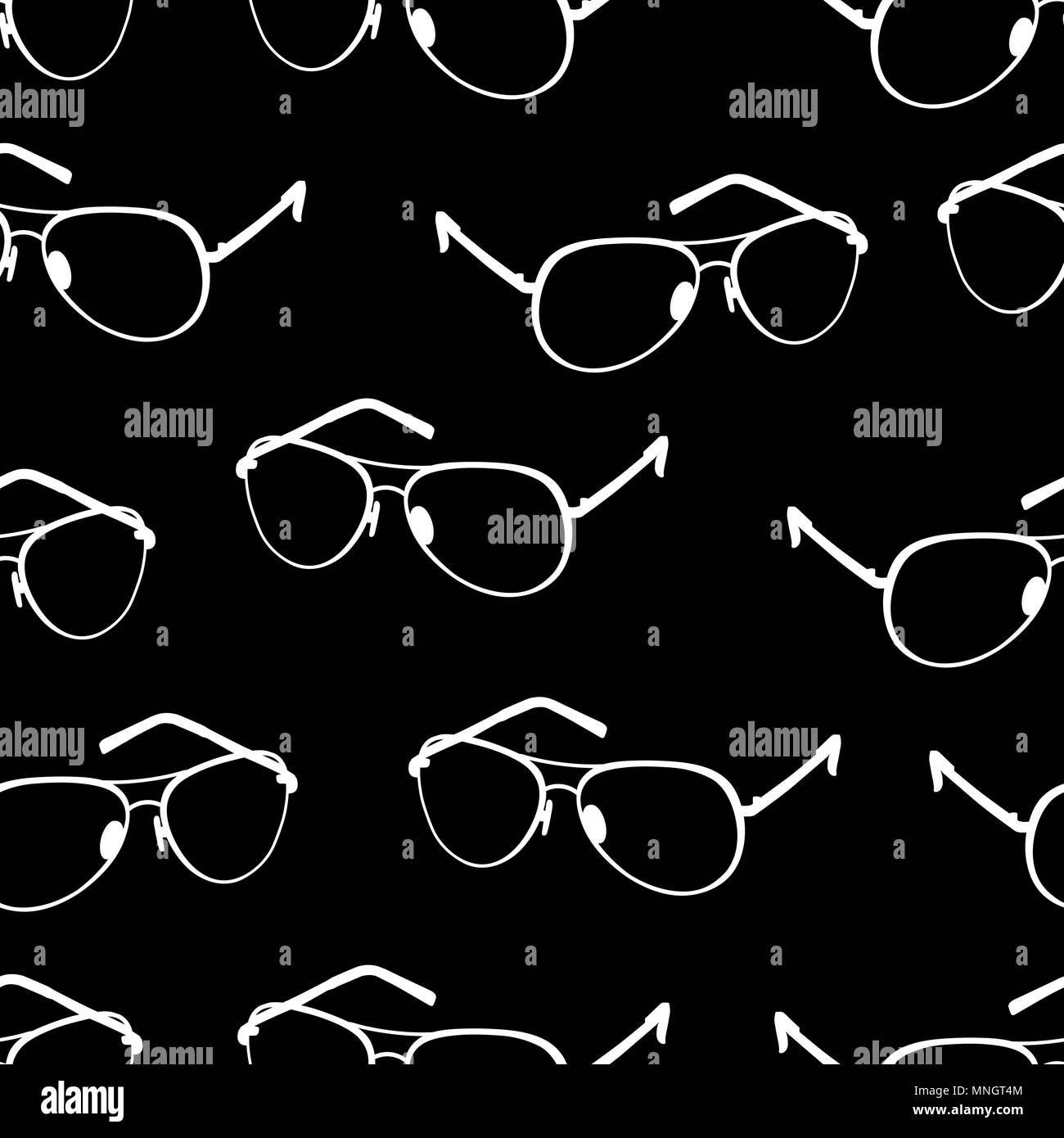Glasses seamless pattern, monochrome vector background, black and white illustration. Outline contour drawing flat white spectacles on black background. For fabric design, wallpapers, print Stock Vector