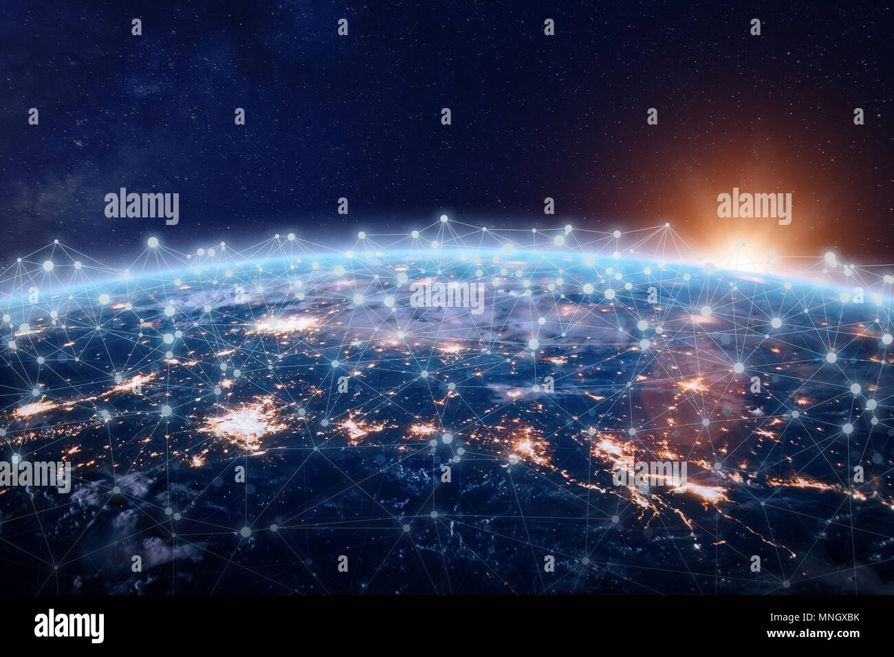 Global world telecommunication network connected around planet Earth, concept about internet and worldwide communication technology for finance, block Stock Photo