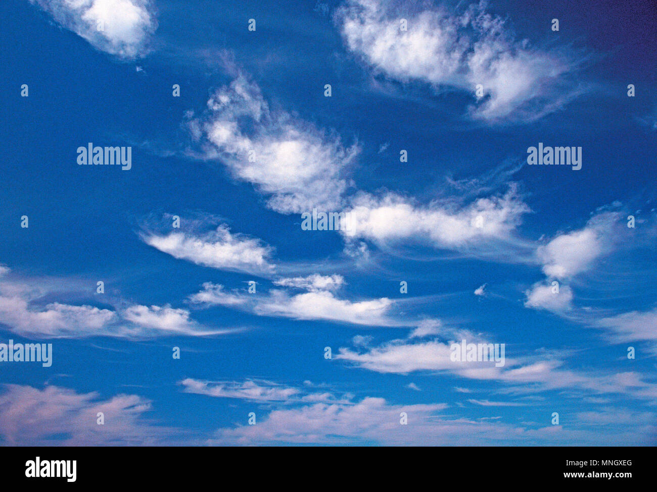 Blue sky with fine weather clouds. Altocumulus & Cirrus. Stock Photo