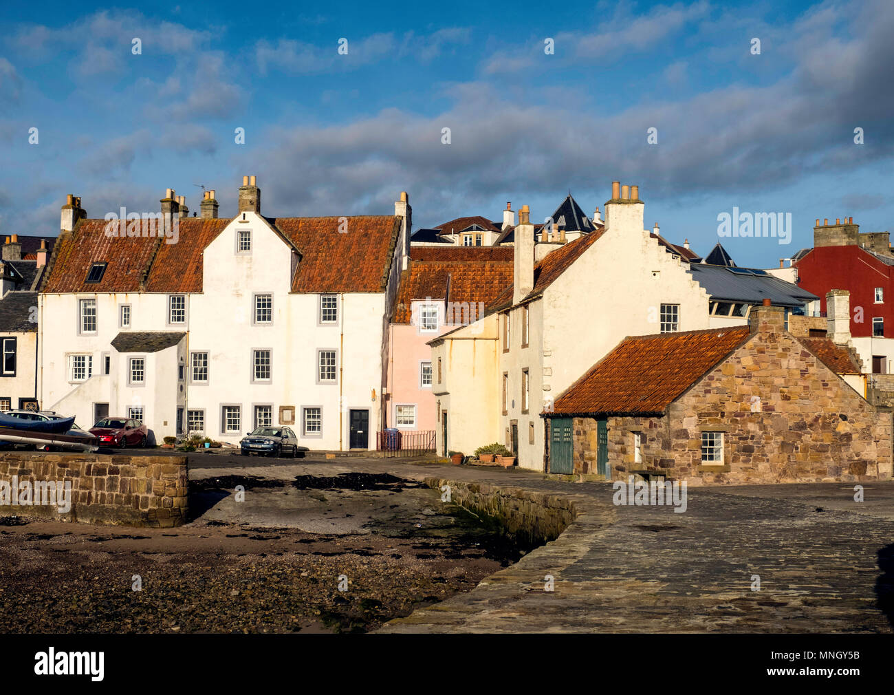 View of historic fishing harbour at Pittenweem on East Neuk of Fife in