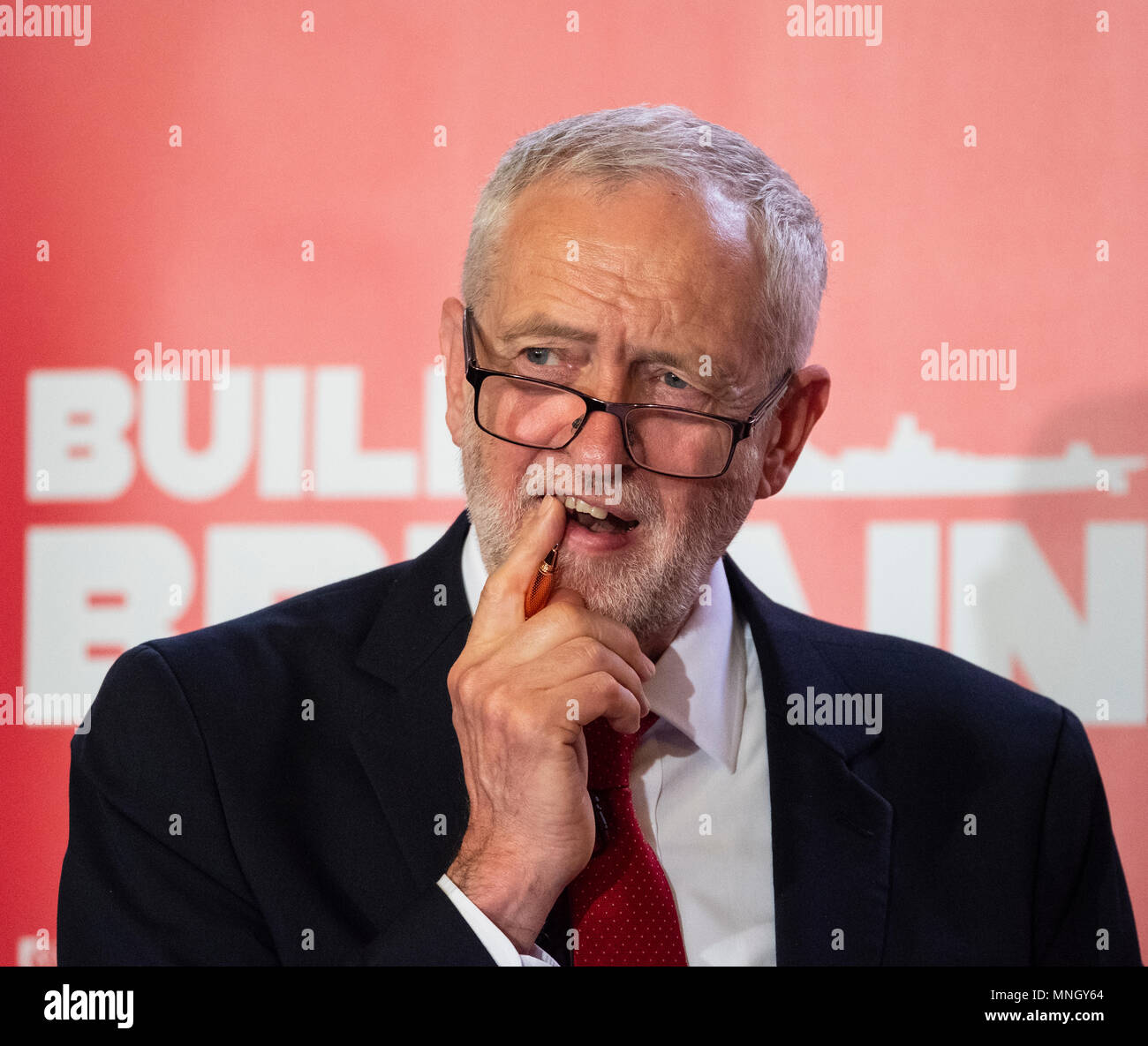 Glasgow, UK. 11 May, 2018. Labour Leader Jeremy Corbyn giving a speech in Govan, Glasgow in which he said that a Labour government will proactively su Stock Photo