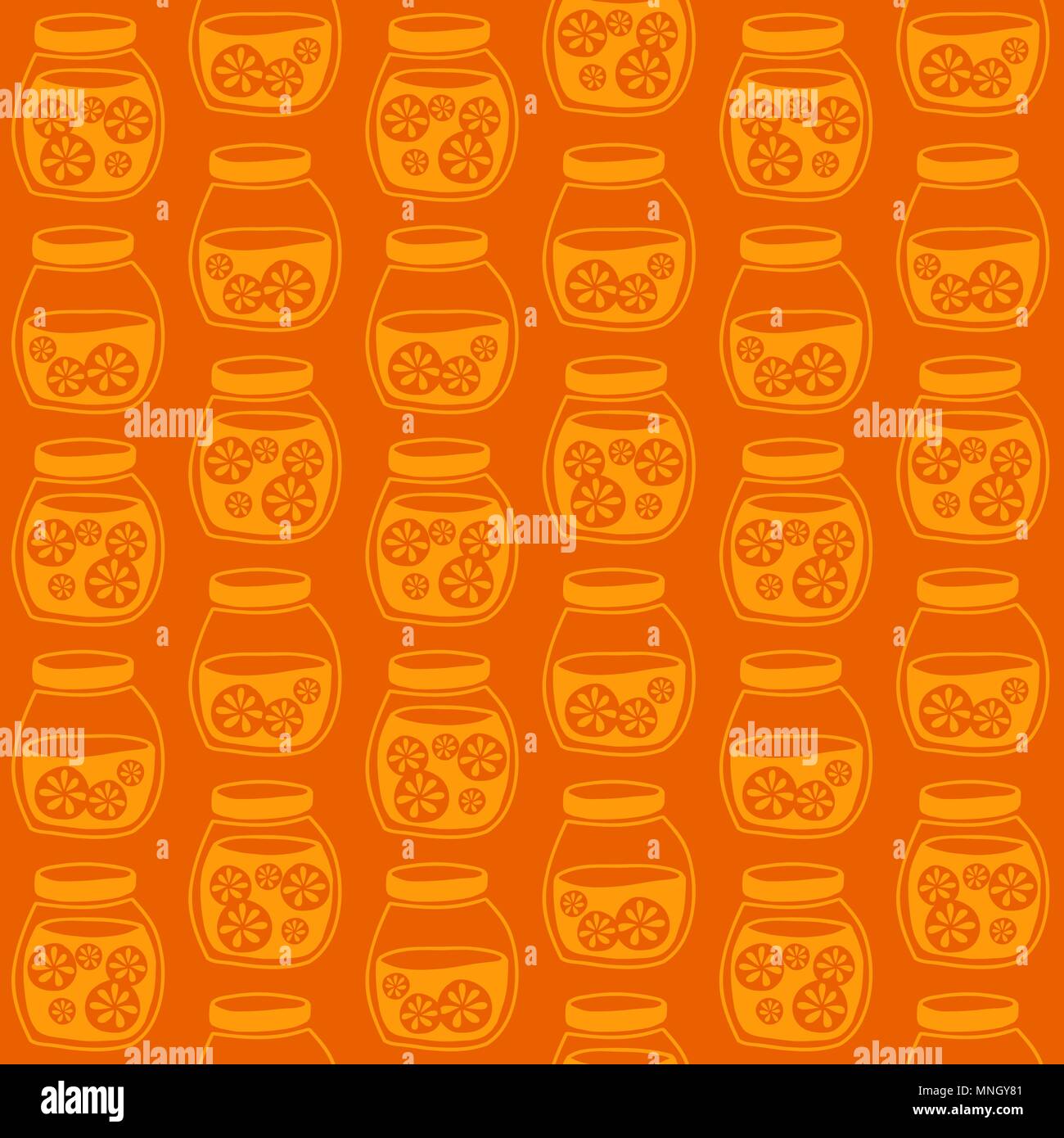 Funny seamless pattern with a colorful citrus jam jars. Plain shadeless background with oranges for decoration or background. Stock Vector