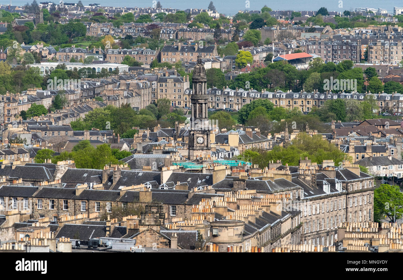 View of Saint Stephen's Church in Stockbridge  over rooftops of the New Town in Edinburgh, Scotland, United Kingdom, UK Stock Photo