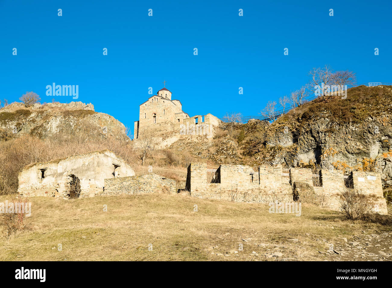 Landscape of the most ancient church of Russia called Shoana in mountains of Karachay-Cherkessia Republic Stock Photo