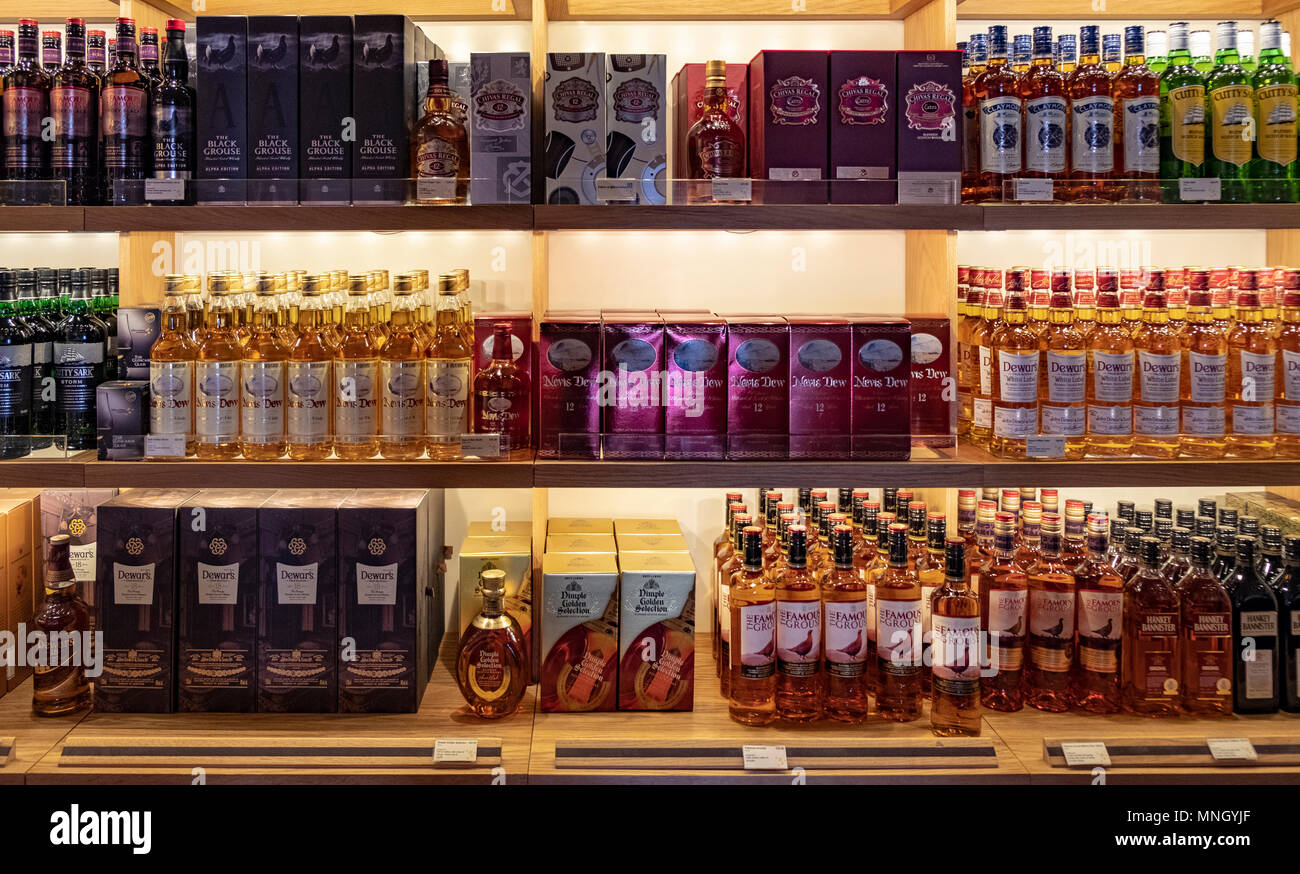 Scotch whisky for sale in shop at the Scotch Whisky Experience visitor centre on the Royal Mile in Edinburgh, Scotland, UK Stock Photo
