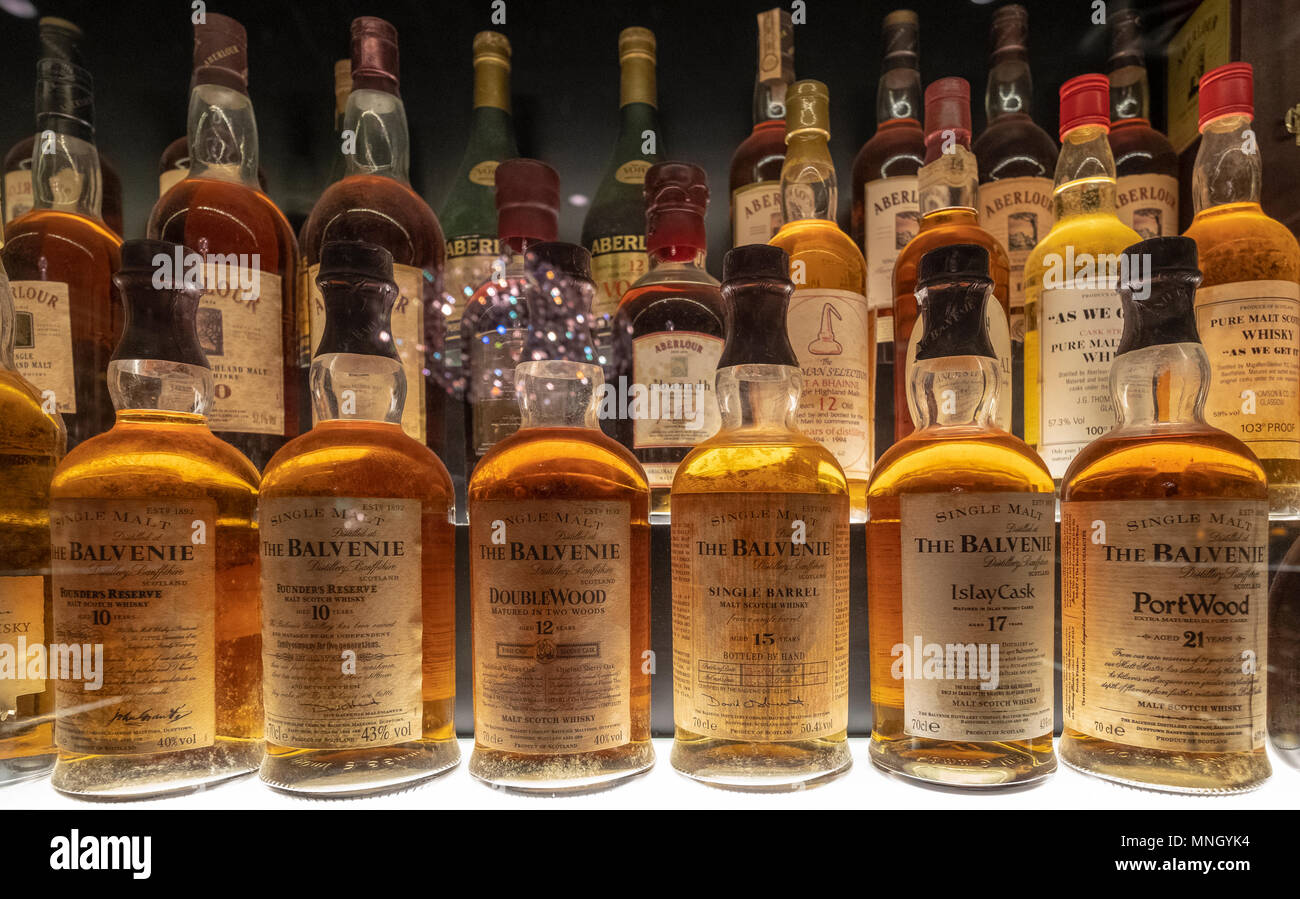 Many bottles of Scotch Whisky on display at the Scotch Whisky
