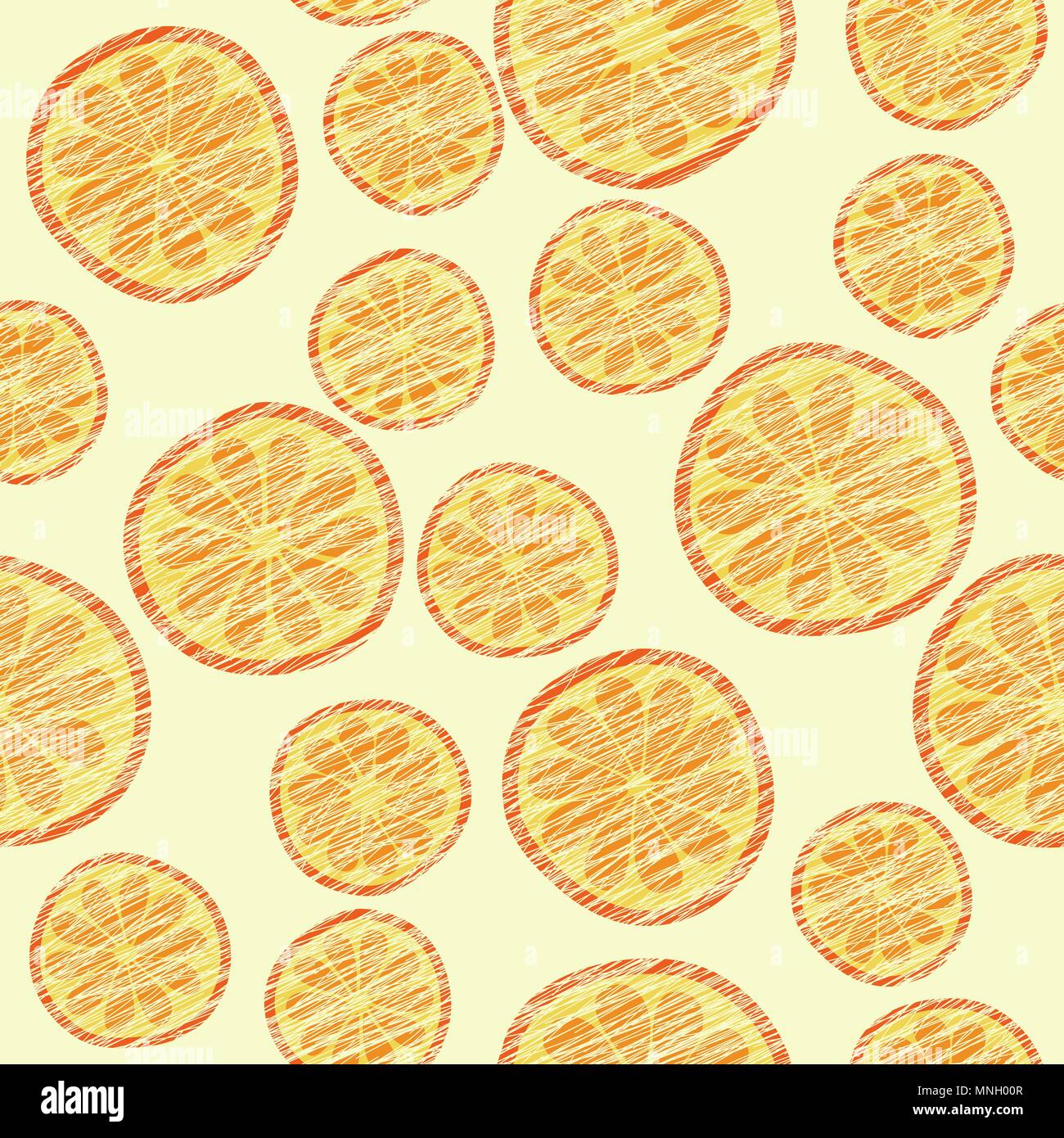 Seamless pattern with scratched oranges. Endless texture, harvest fruit background. Dessert vector backdrop. Cut tangerines and oranges. Vector. Patte Stock Vector