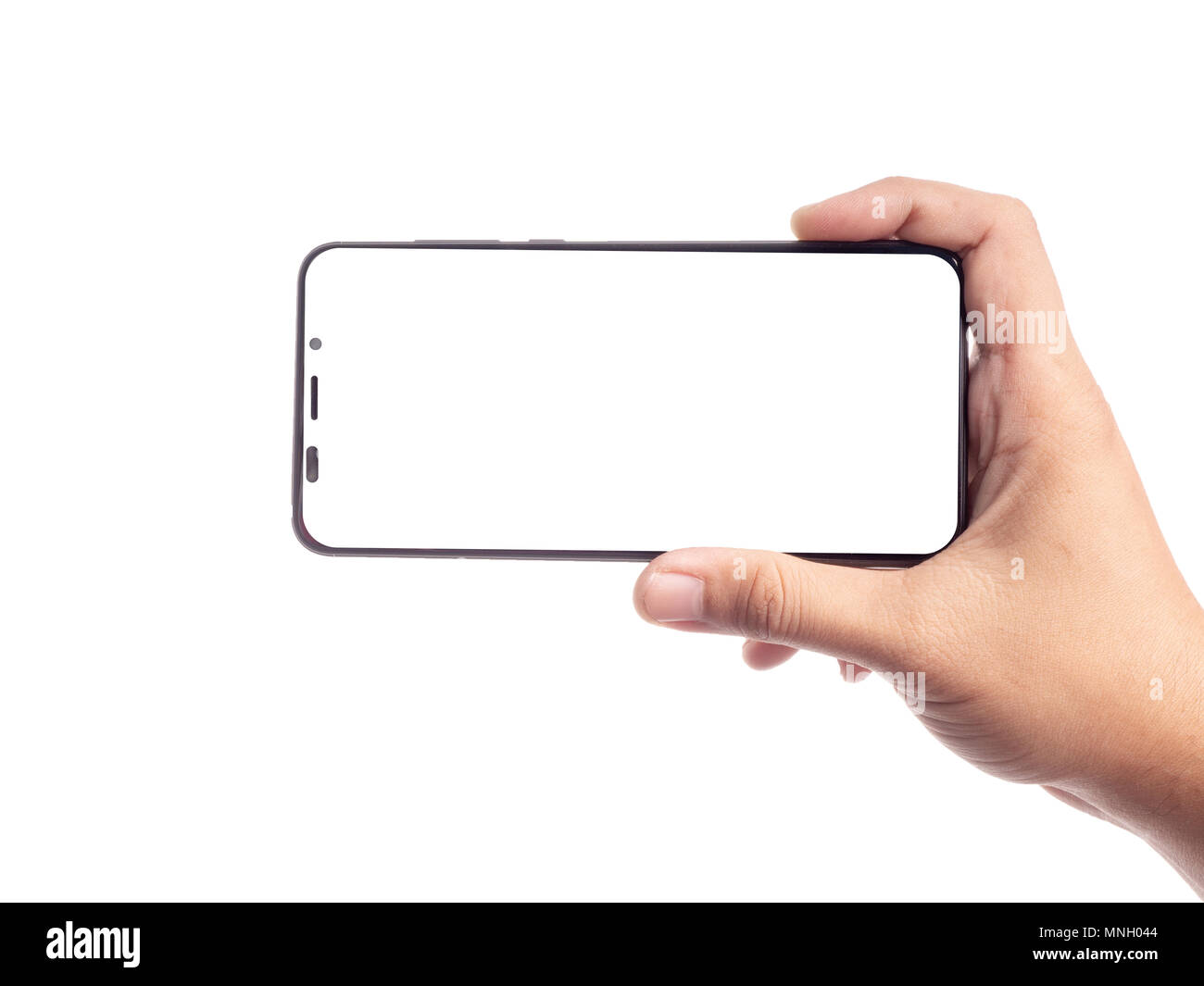 Male hand holding smartphone with blank white screen isolated ...