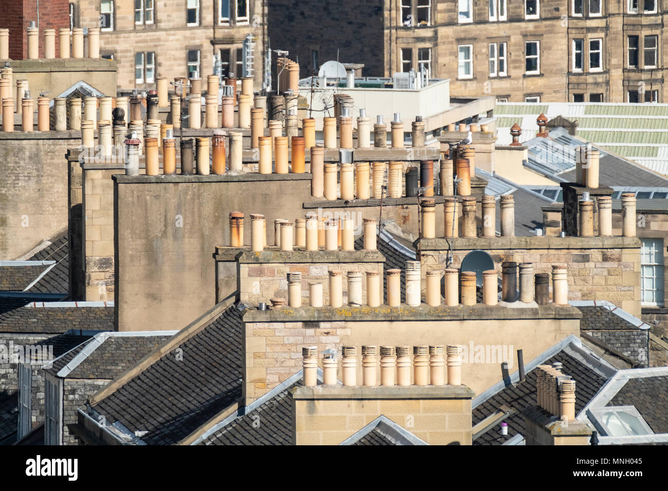 View of chimney pots on rooftops of the New Town in Edinburgh, Scotland
