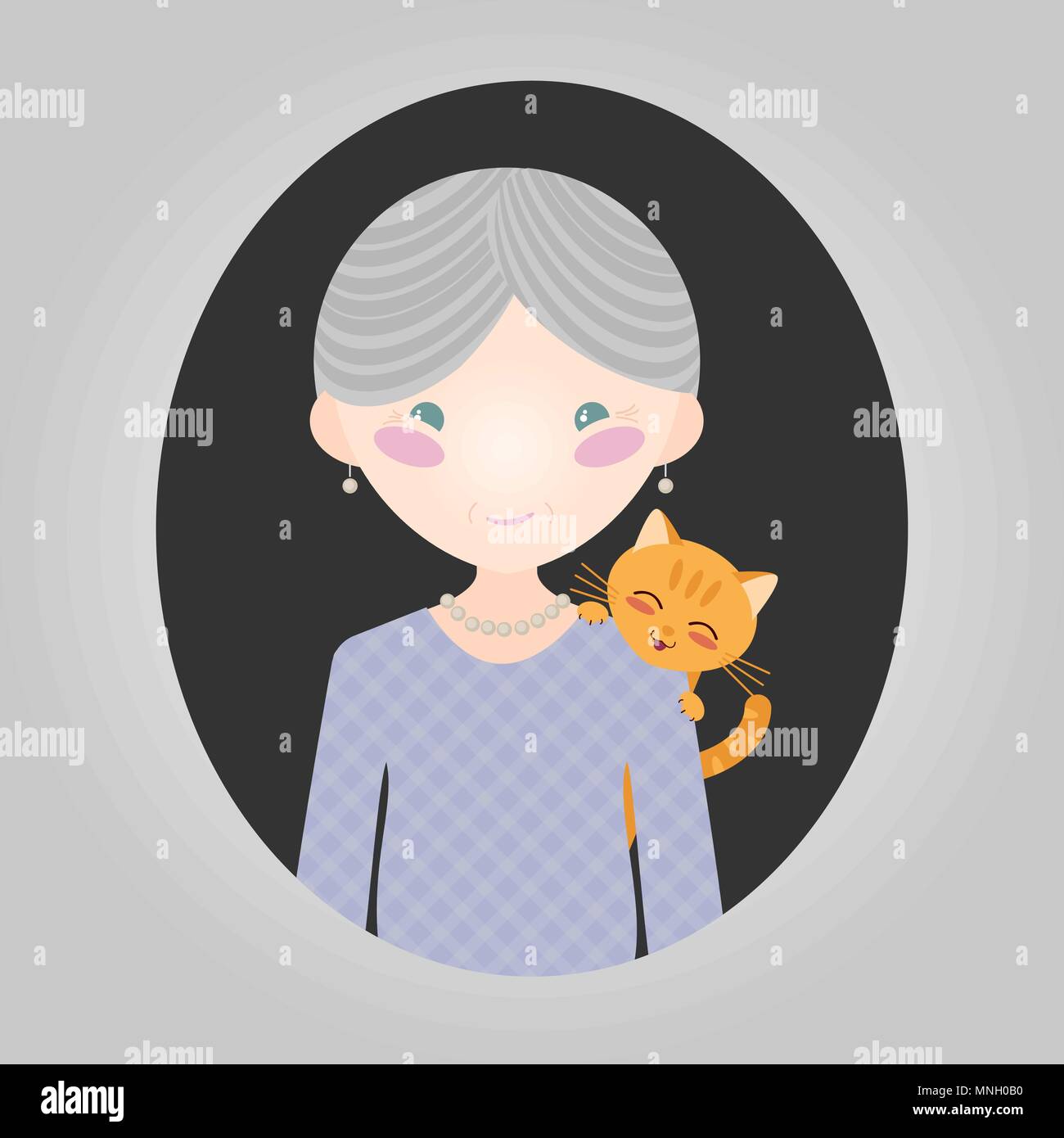 Happy old lady with her kitten. Cat lover character. Grey-haired grandmother with a pet cat. Vector illustration of old woman person for web site or a Stock Vector
