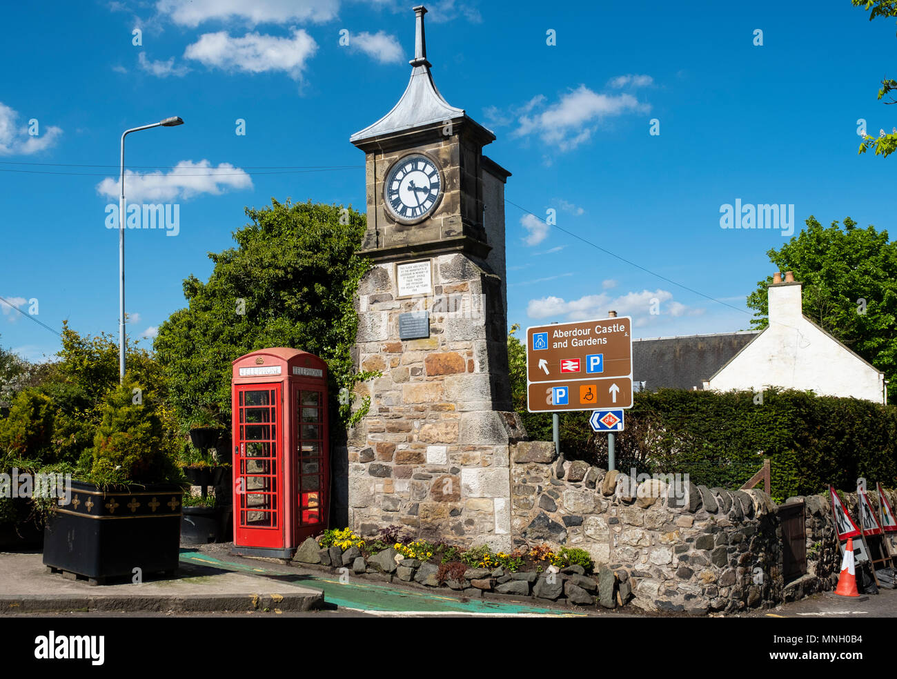 Clocktower in centre of Aberdour village in Fife, Scotland, UK Stock Photo