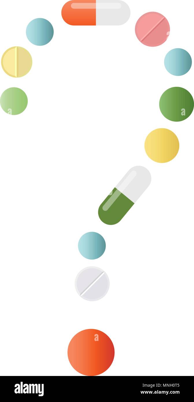 Question mark made of colored pills and capsules on white background. What medicines to choose better, what will help. Health problem concept. Vector  Stock Vector
