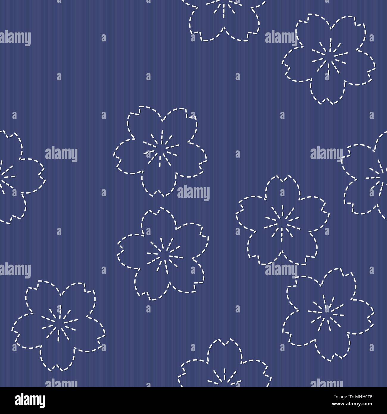 Sashiko motif blooming cherry flowers. Floral backdrop. Needlework texture. Traditional