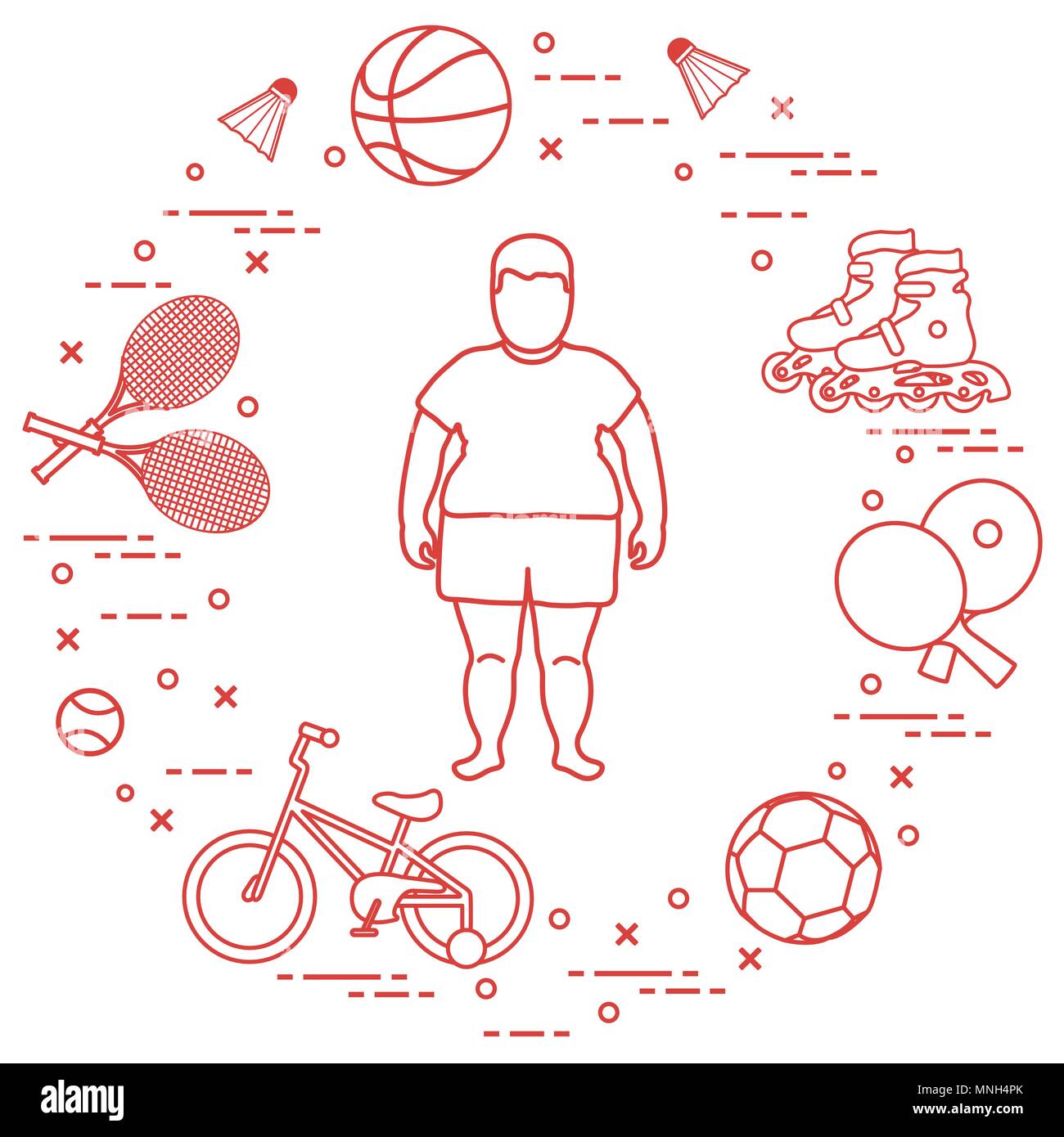 Fat boy, badminton rackets and shuttlecocks, football and basketball balls, rackets and balls for table tennis, kids bicycle, rollers. Sports and heal Stock Vector