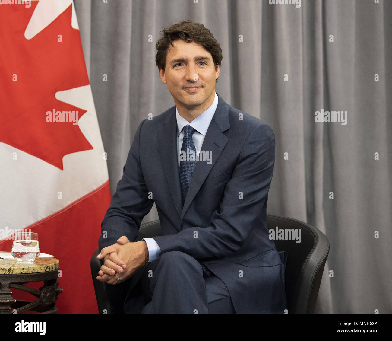 May 16, 2018 - New York, New York, U.S. - JUSTIN TRUDEAU, Prime Minister of Canada, at the Grand Hyatt hotel in New York City. (Credit Image: © Michael Brochstein via ZUMA Wire) Stock Photo