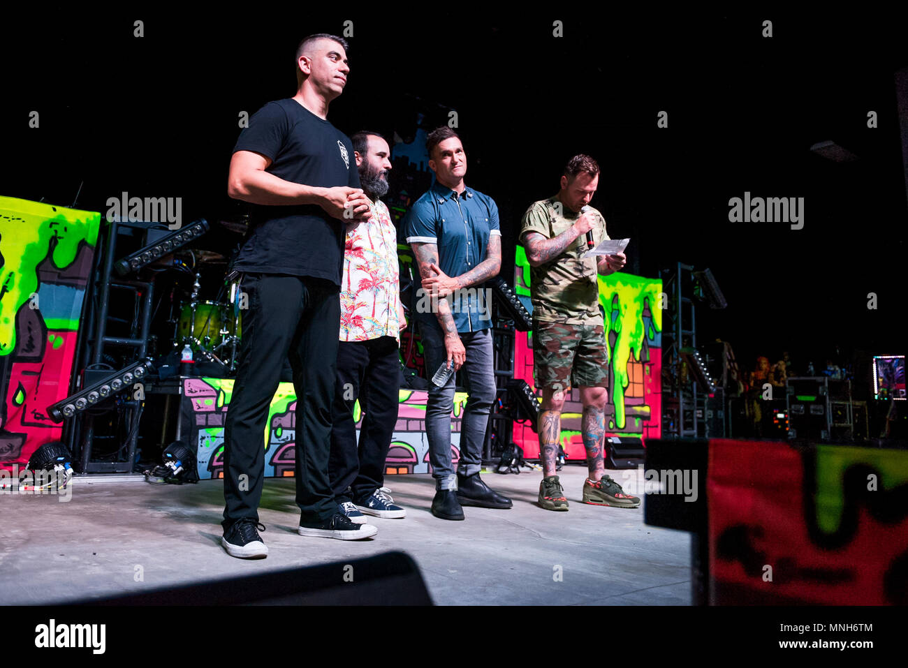 Pompano Beach, Florida, USA. 16th May, 2018. South Florida natives New Found Glory address the crowd during the Parkland Strong Benefit concert.South Florida holds benefit concert to raise money for Marjory Stoneman Douglas victim families, and survivors. 3,000 people attended the soldout show, in support of their community. Credit: Emilee Mcgovern/SOPA Images/ZUMA Wire/Alamy Live News Stock Photo