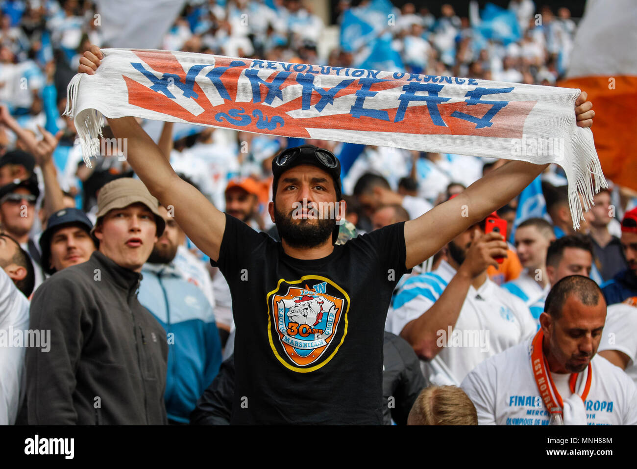 Marseille fans during the UEFA Europa League Final match between Marseille Atletico Madrid at Parc Olympique Lyonnais on May 16th in Lyon, France. (Photo Daniel Chesterton/phcimages.com Stock Photo -