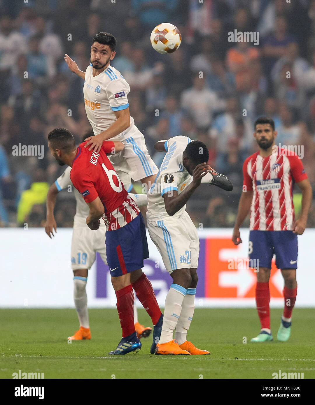 Morgan Sanson of Marseille, Koke of Atletico Madrid and Andre-Frank Zambo Anguissa of Marseille during the UEFA Europa League Final match between Marseille and Atletico Madrid at Parc Olympique Lyonnais on May 16th 2018 in Lyon, France. (Photo by Daniel Chesterton/phcimages.com) Stock Photo