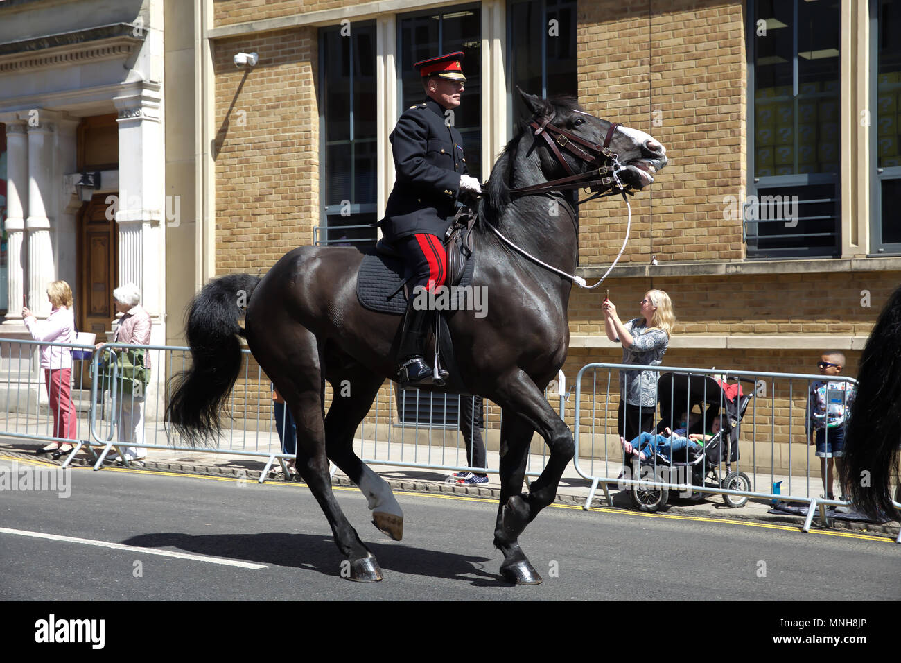 Windsor,UK,17th May 2018,The Royal Wedding Rehearsal in Windsor takes place ahead of the marriage on Saturday of Prince Harry to Meghan Markle. The Ascot Landau carriage left Windsor castle to Process around the Town. The carriage was surrounded by members of the Household Cavalry.Credit Keith Larby/Alamy Live News Stock Photo