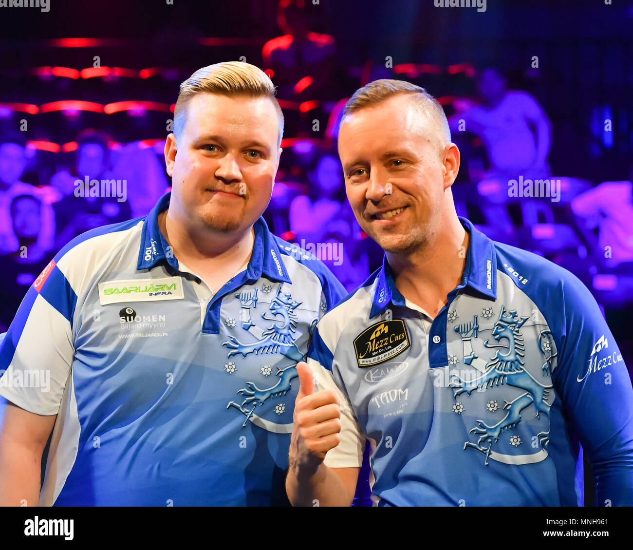 Shanghai, China. 17th May, 2018. Finland's Mika Immonen and Petri Makkonen  were interviewed by Sky Sports presenter Tony Wrighten after the match  during WORLD CUP of POOL 2018: Round 1 - Finland