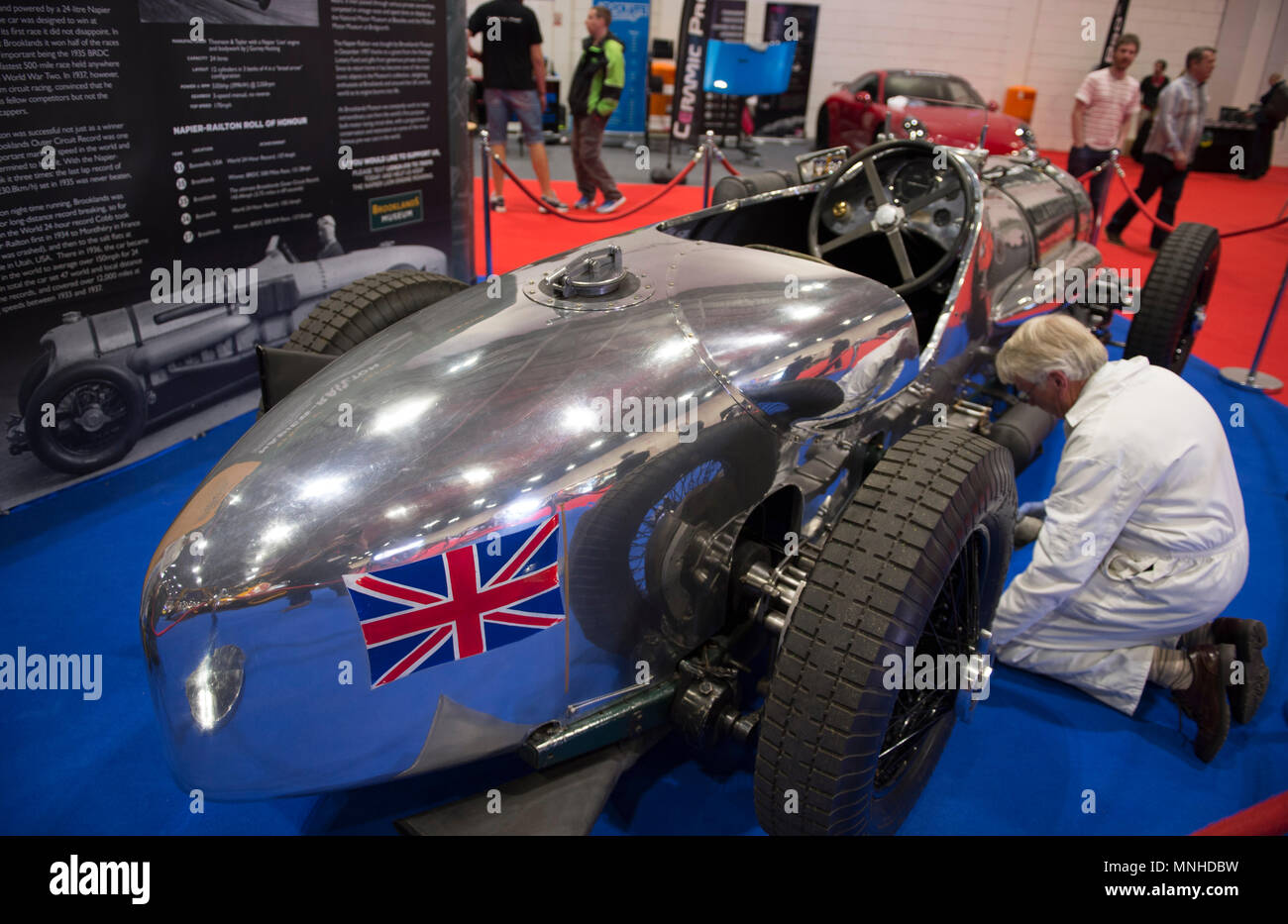 ExCel, London, UK. 17 May, 2018. The Confused.com London Motor Show event runs from 17-20 May 2018 with a space 4.5 times bigger than last year. Photo: The unique British built aero engine powered Napier Railton commissioned by John Cobb between 1933 and 1937 broke 47 World speed records. Credit: Malcolm Park/Alamy Live News. Stock Photo