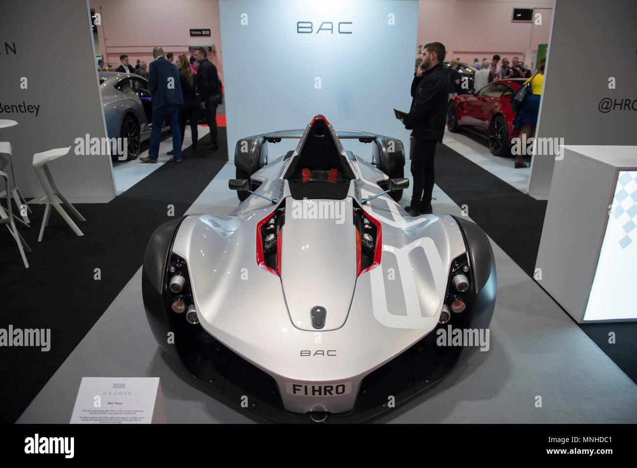 ExCel, London, UK. 17 May, 2018. The Confused.com London Motor Show event runs from 17-20 May 2018 with a space 4.5 times bigger than last year. Photo: The BAC Mono on H R Owen stand is a British designed road-legal Formula racing level car with 0-60mph acceleration in 2.8 secs. Credit: Malcolm Park/Alamy Live News. Stock Photo