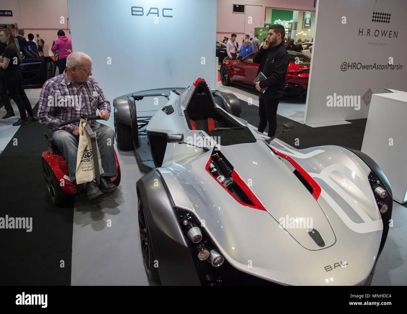 ExCel, London, UK. 17 May, 2018. The Confused.com London Motor Show event runs from 17-20 May 2018 with a space 4.5 times bigger than last year. Photo: The BAC Mono on H R Owen stand is a British designed road-legal Formula racing level car with 0-60mph acceleration in 2.8 secs. Credit: Malcolm Park/Alamy Live News. Stock Photo