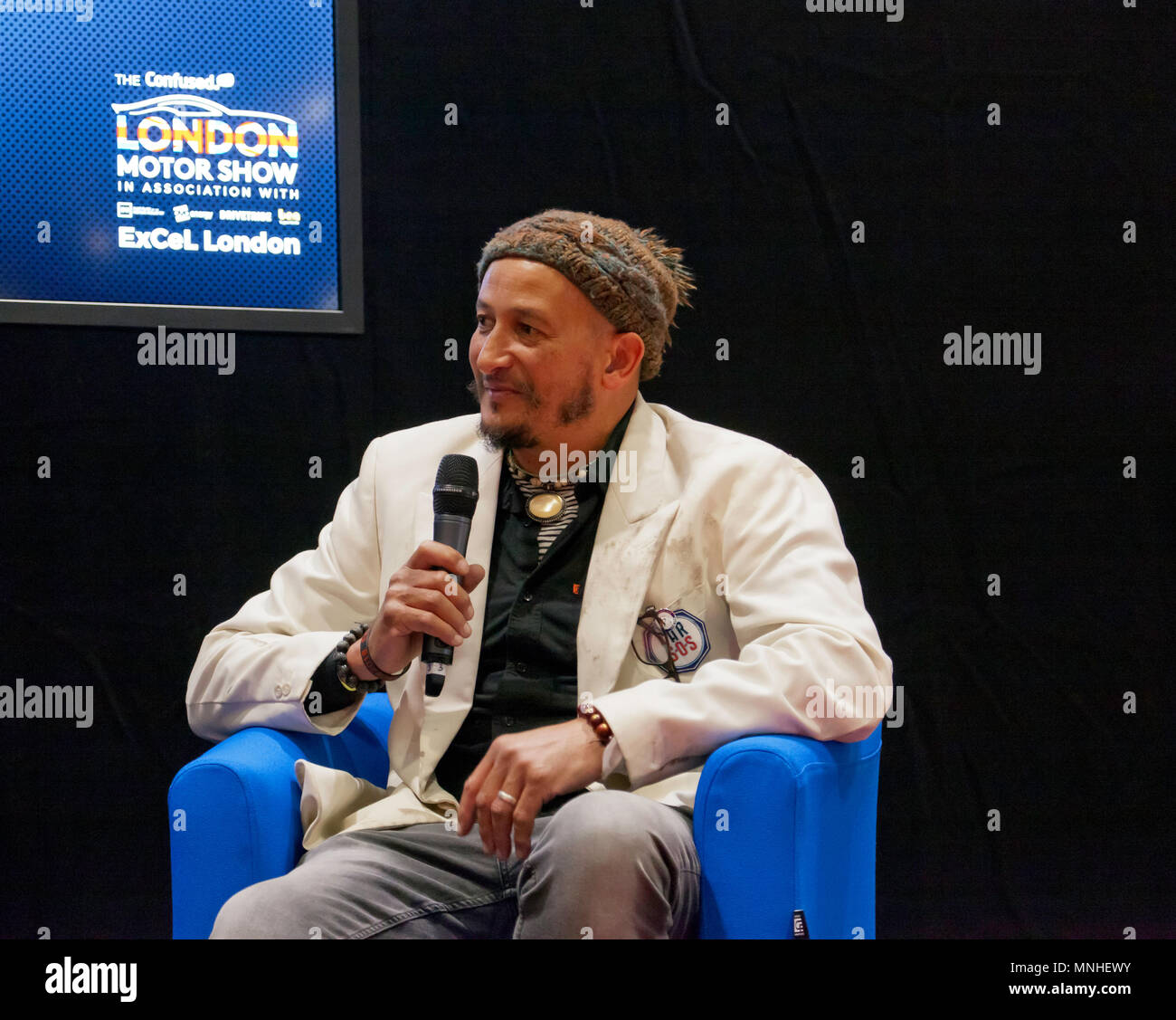 Fuzz Townshend, from the TV show, Car S.O.S., being interviewed at the Lecture Theatre, during the press day of  the London Motor Show 2018. Stock Photo