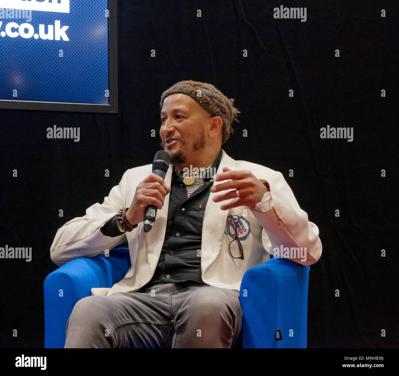 Fuzz Townshend, from the TV show, Car S.O.S., being interviewed at the Lecture Theatre, during the press day of  the London Motor Show 2018. Stock Photo