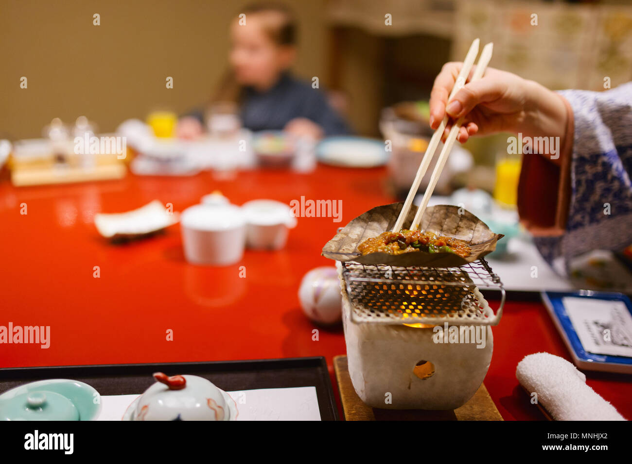 Traditional Japanese breakfast cooked with Hibachi stove grill