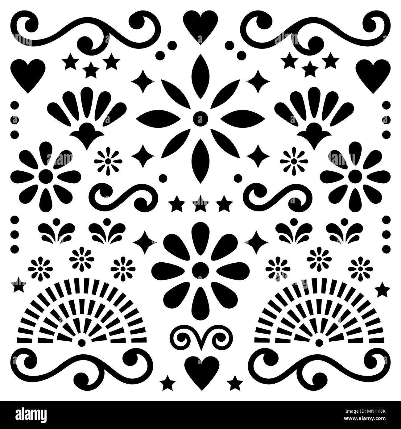 Mexican folk art vector pattern, black and white design with flowers greeting card inspired by traditional designs from Mexico Stock Vector