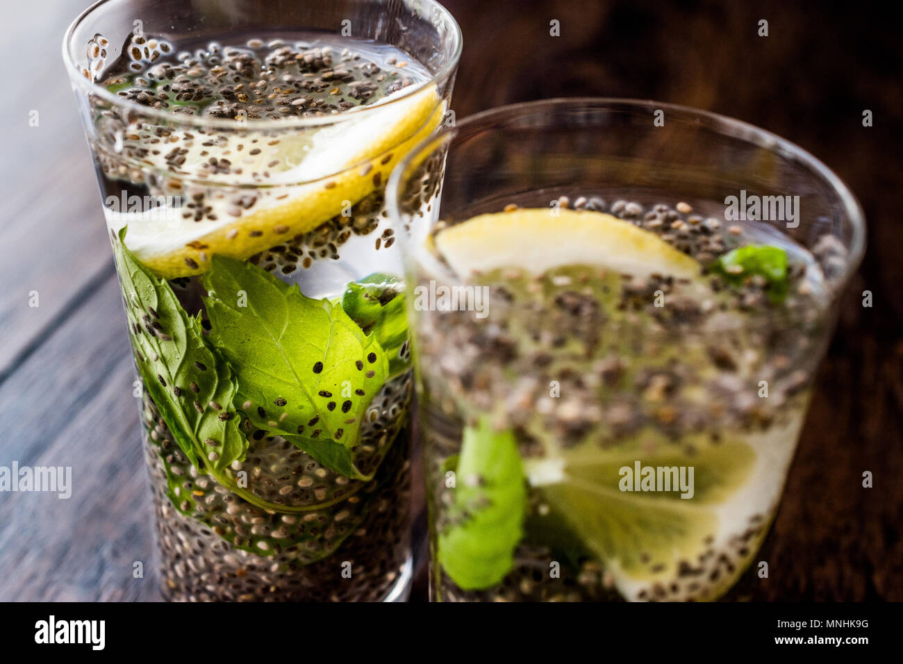 Detox Water with Chia Seeds, mint leaves and lemon. Organic Beverage