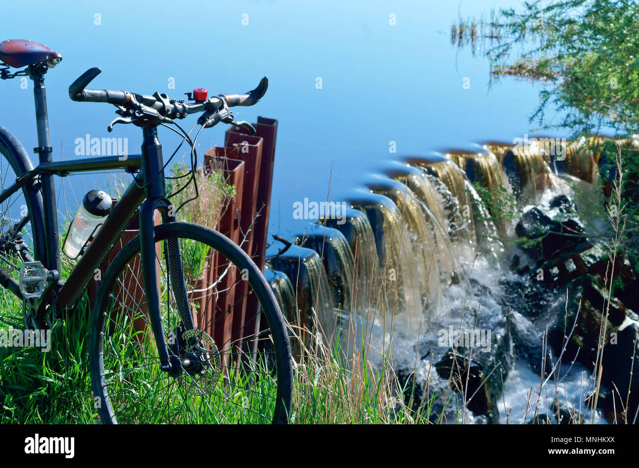 ?ycling trip, bicycle journey, water aerator, bike places hydraulic structures Stock Photo