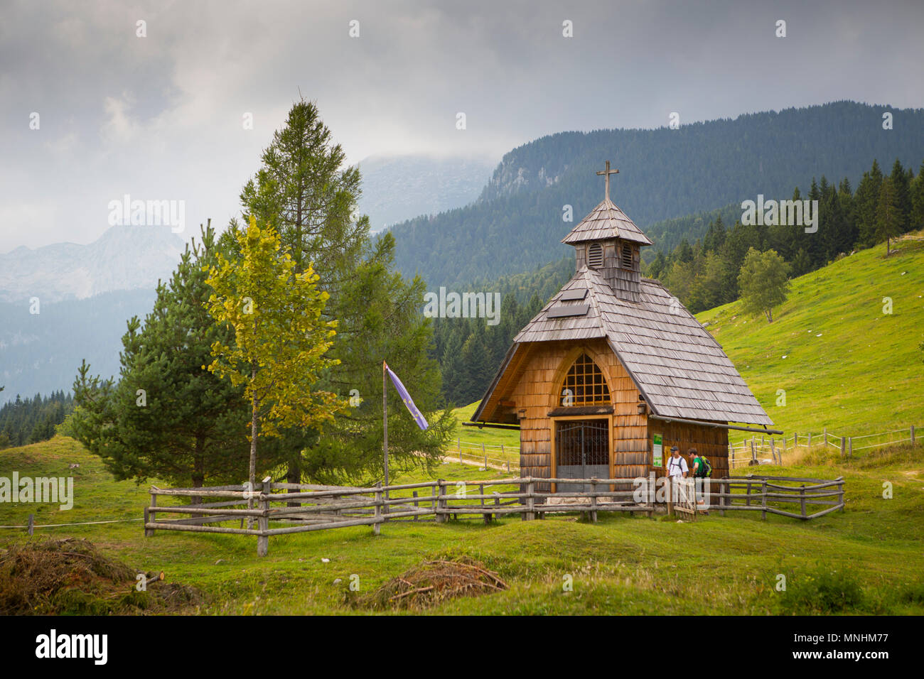 Chapel at Uskovnica alpine pasture at Pokljuka Plateau, Uskovnica, Triglav, Slovenia Stock Photo