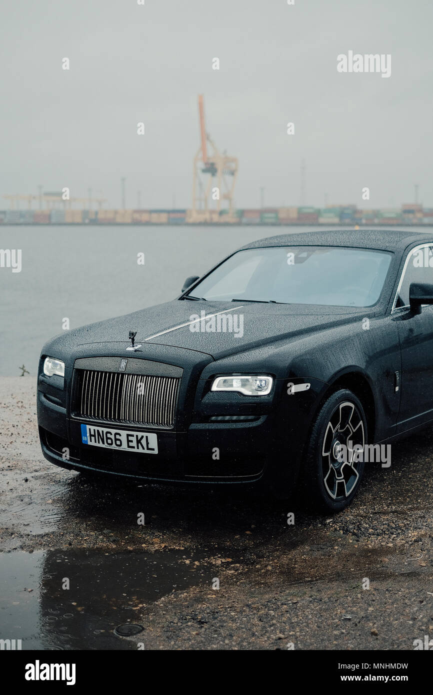 A 'Black Badge' special edition Rolls Royce Ghost is photographed at Rolls Royce press event in Riga - June 13, 2017 Stock Photo